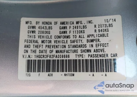 2015 Honda Accord Ex-L V-6 z USA, uszkodzony, nr VIN 1HGCR3F82FA008686